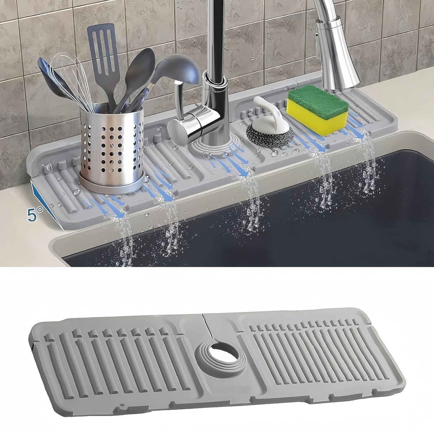 Moonval Silicone Faucet Mat, Self-Draining Sink Splash Guard and Countertop Organizer