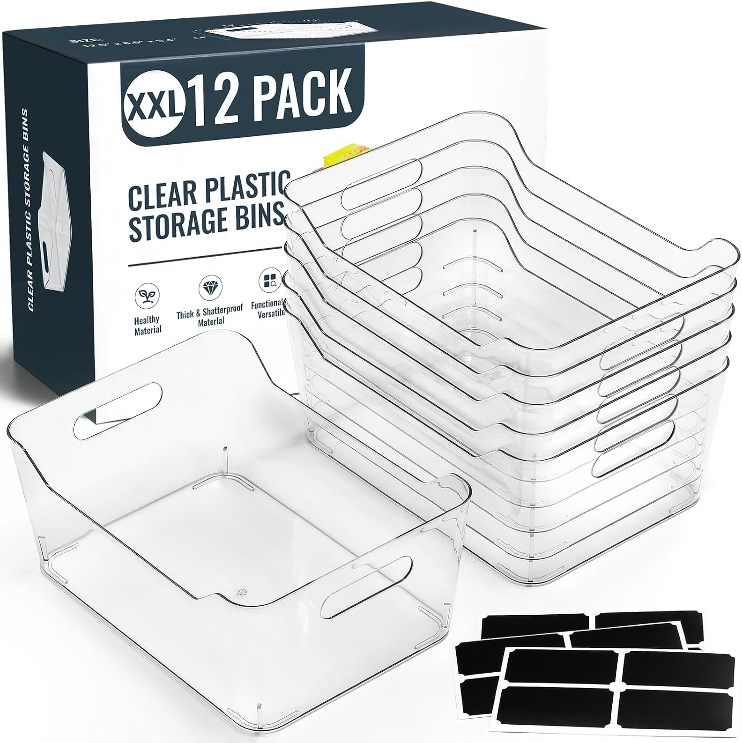 Moonval Clear Storage Bins, 12-Pack Multi-Purpose Organizers with Labels for Pantry, Kitchen & Fridge