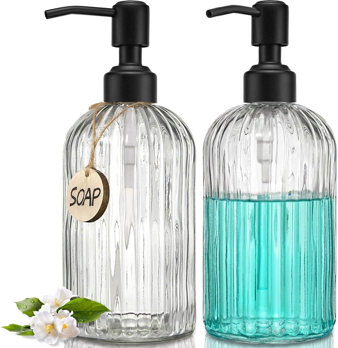 Moonval Glass Soap Dispenser, 18 oz Refillable Bottle with Rustproof Stainless Steel Pump