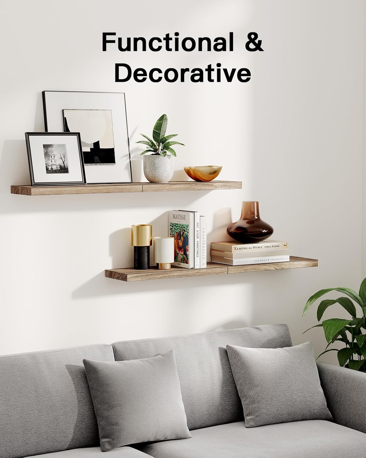 Moonval Floating Wall Shelves, Set of 4 Natural Wood Storage & Display Shelves for Home Decor