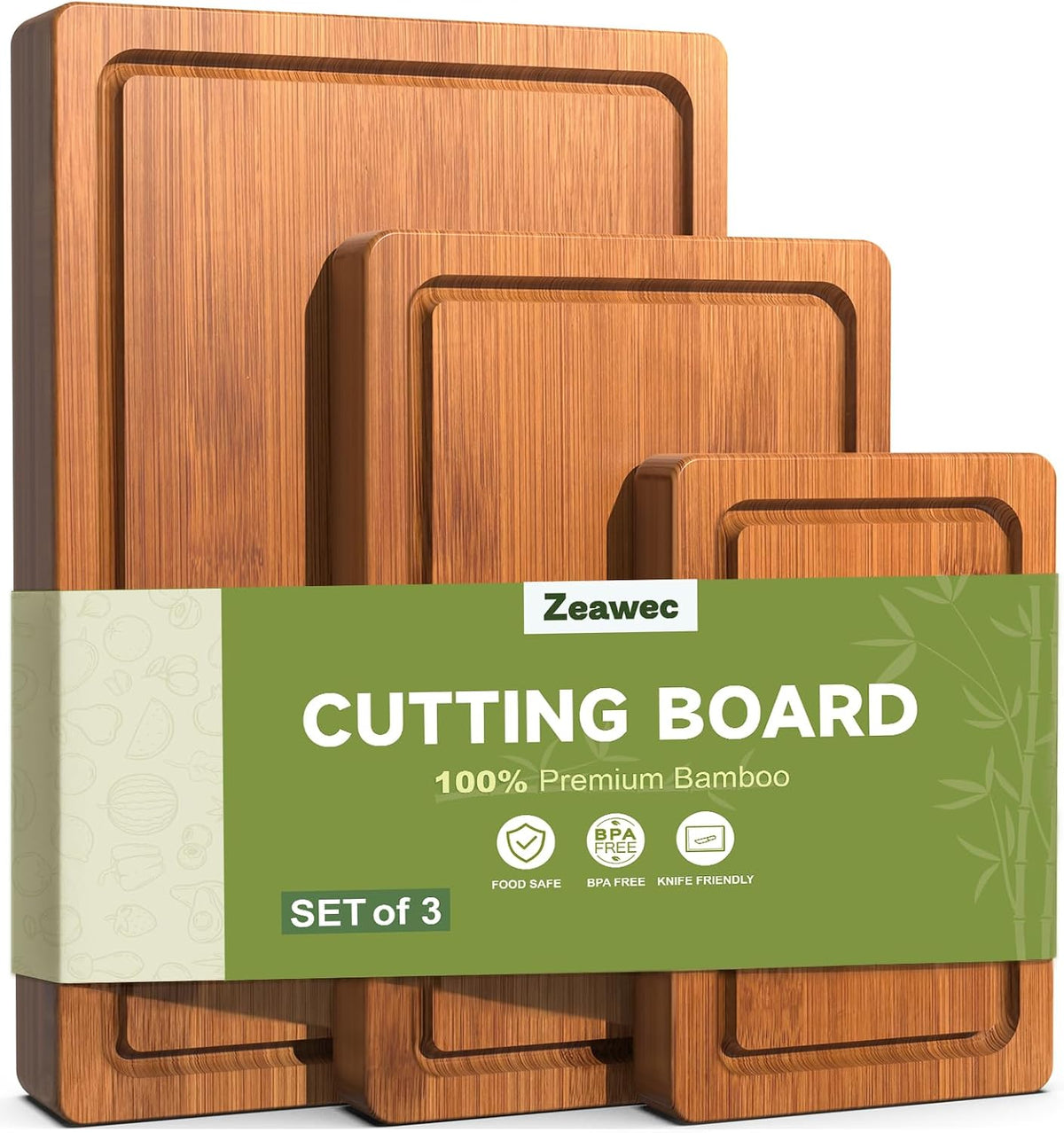 Moonval Bamboo Cutting Board Set, 3-Piece Carbonized Wood Chopping Boards with Juice Grooves