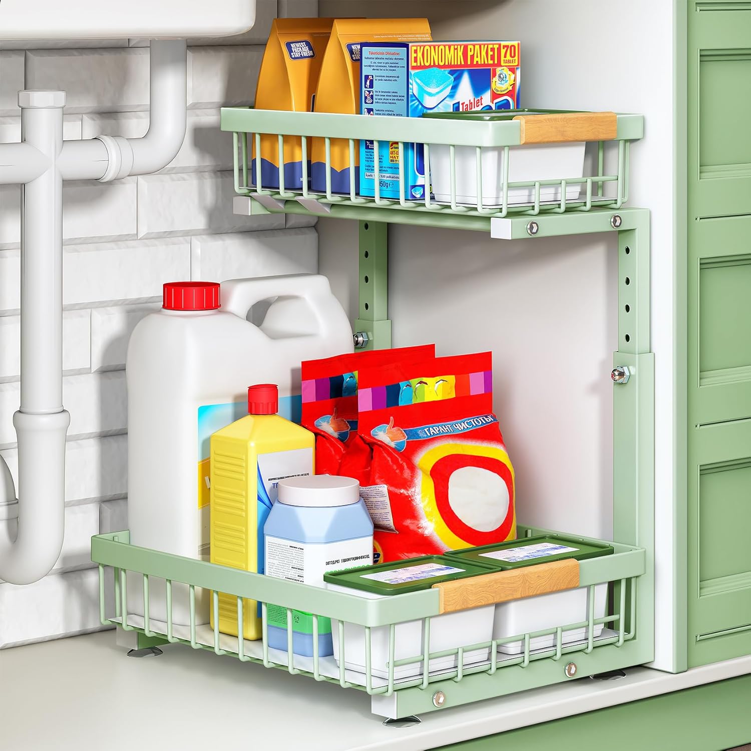 Moonval Under Sink Organizer, 2-Tier Sliding Cabinet Storage Shelf for Kitchen, Bathroom & Pantry