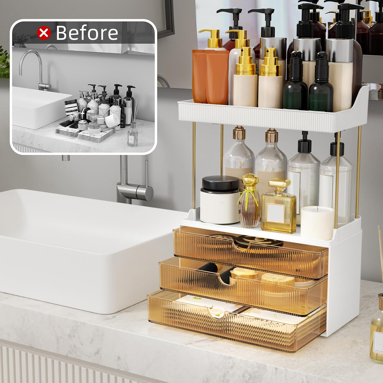 Moonval Makeup Organizer, 5-Tier Vanity Storage with 3 Large Drawers for Cosmetics & Skincare