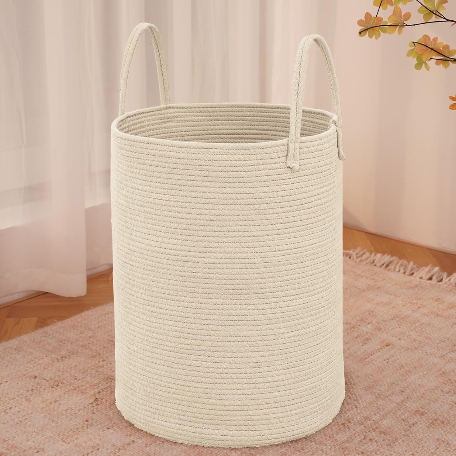 Moonval Woven Laundry Basket, 60L Cotton Rope Hamper for Clothes, Blankets & Toys