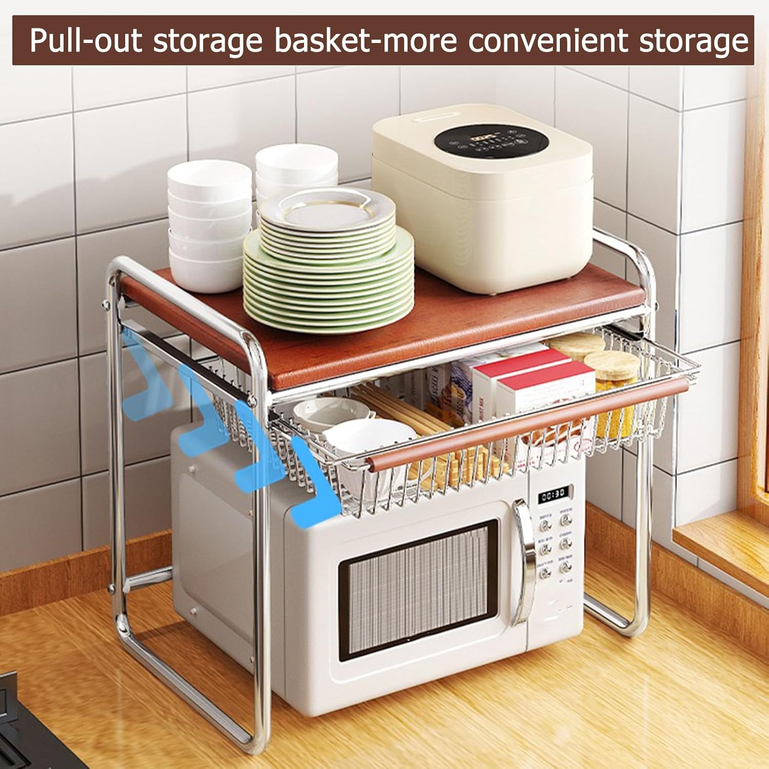 Moonval 2-Tier Microwave Shelf Stand with Pull-Out Basket, Countertop Kitchen Organizer