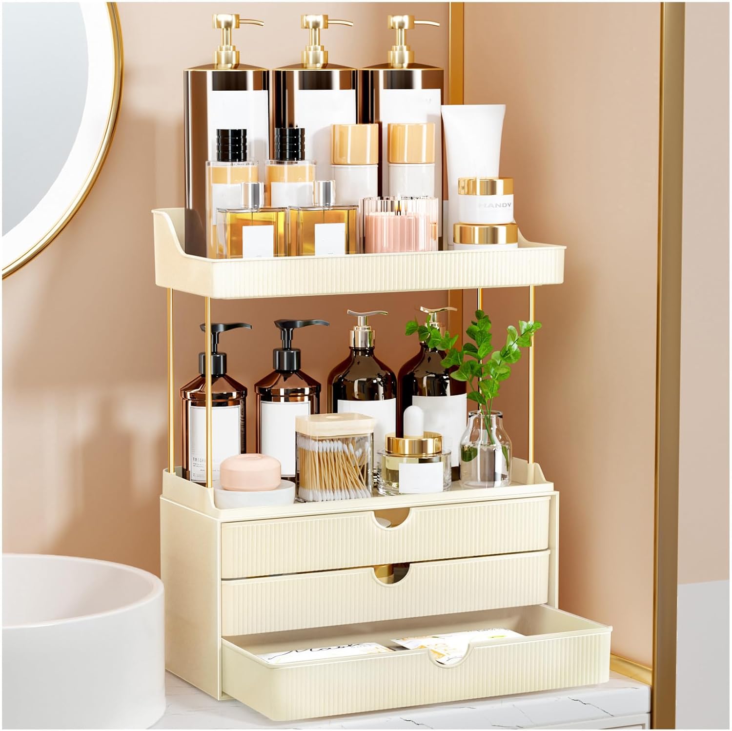 Moonval Makeup Organizer, 5-Tier Vanity Storage with 3 Large Drawers for Cosmetics & Skincare