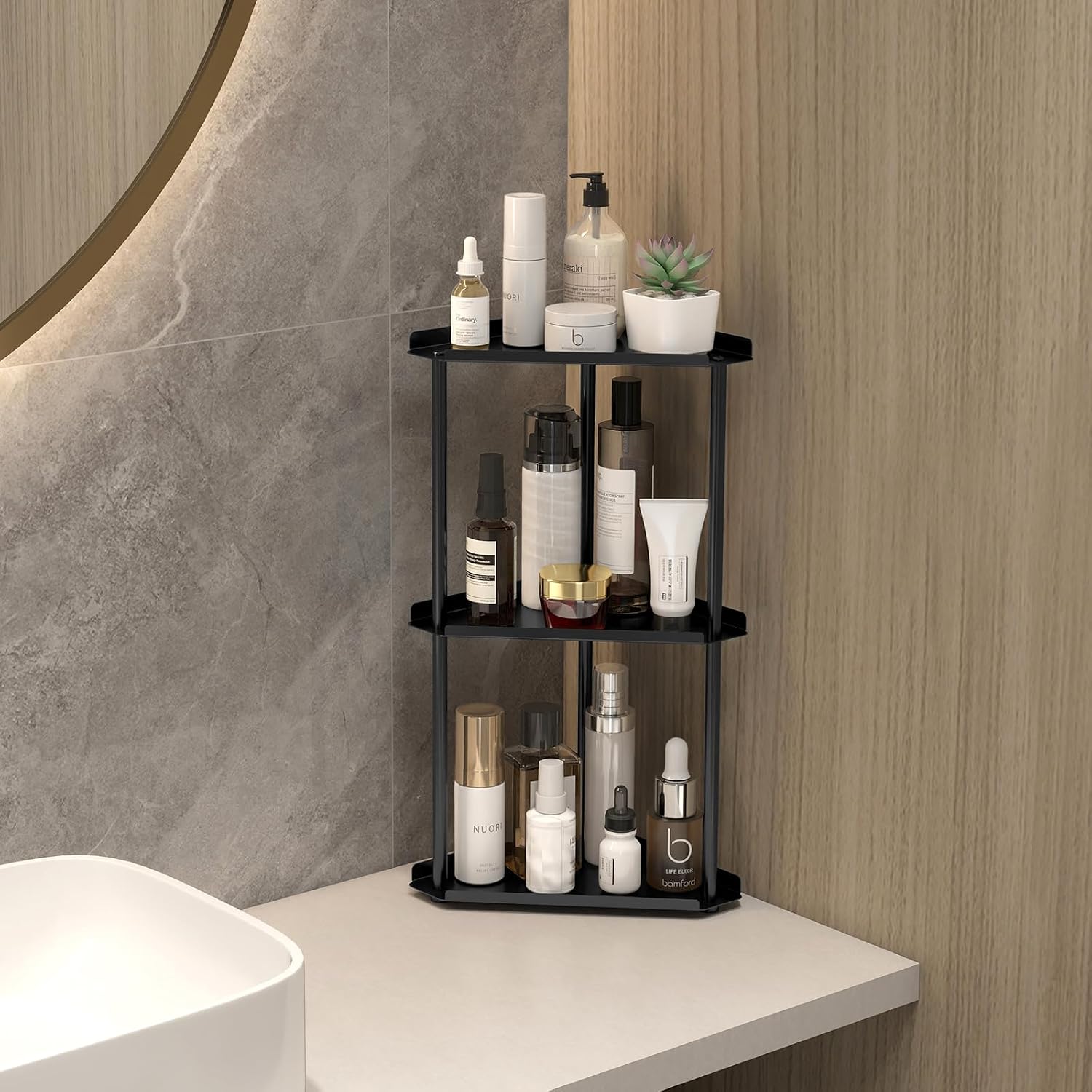 Moonval Corner Countertop Organizer, 3-Tier Vanity Shelf for Makeup, Skincare, Kitchen & Bathroom