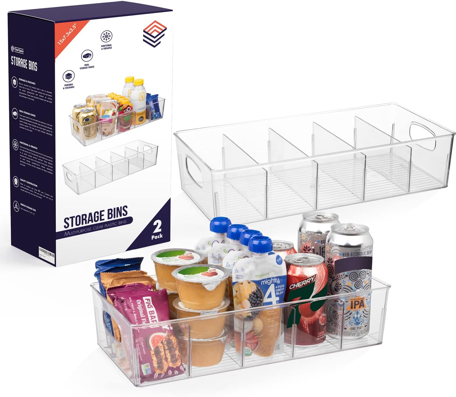 Moonval Pantry Storage Bins, Clear Organizers with Removable Dividers for Kitchen & Refrigerator