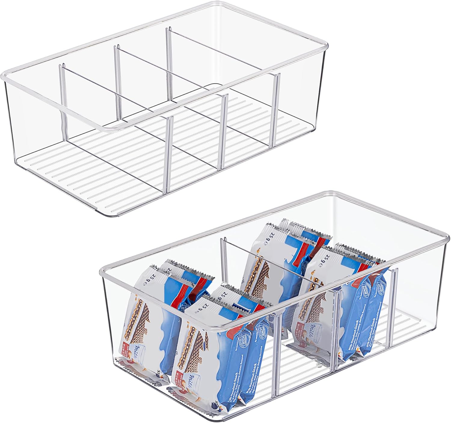 Moonval Food Storage Organizer Bins, Clear Pantry Containers with 4 Compartments for Snacks & Packets