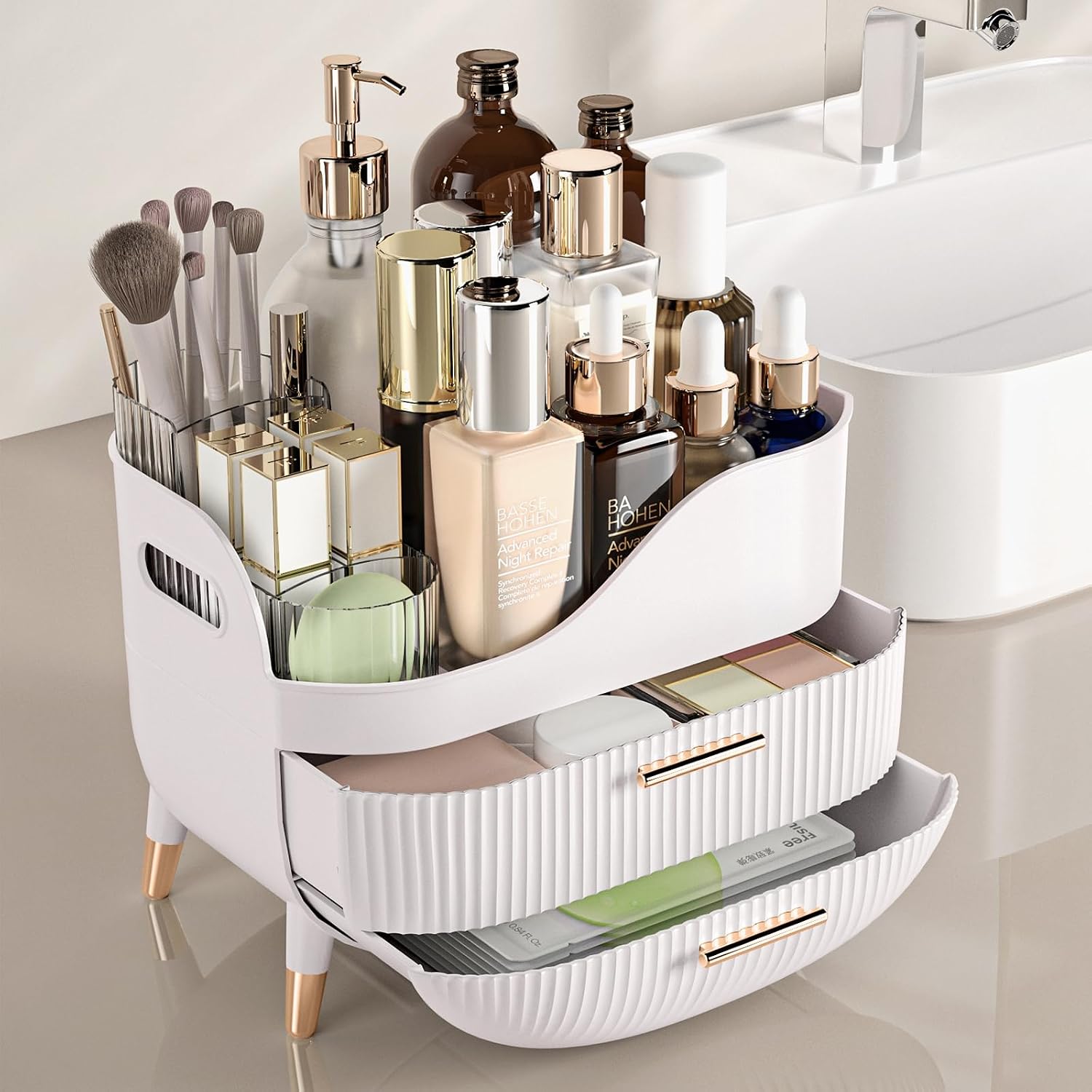 Moonval Makeup Organizer, Large Cosmetic Storage Case with Drawers & Handle for Vanity & Bathroom