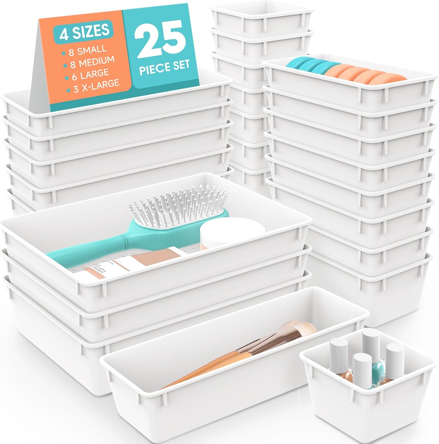 Moonval Clear Drawer Organizer Set, 25-Piece Plastic Storage Trays for Kitchen, Bathroom & Office