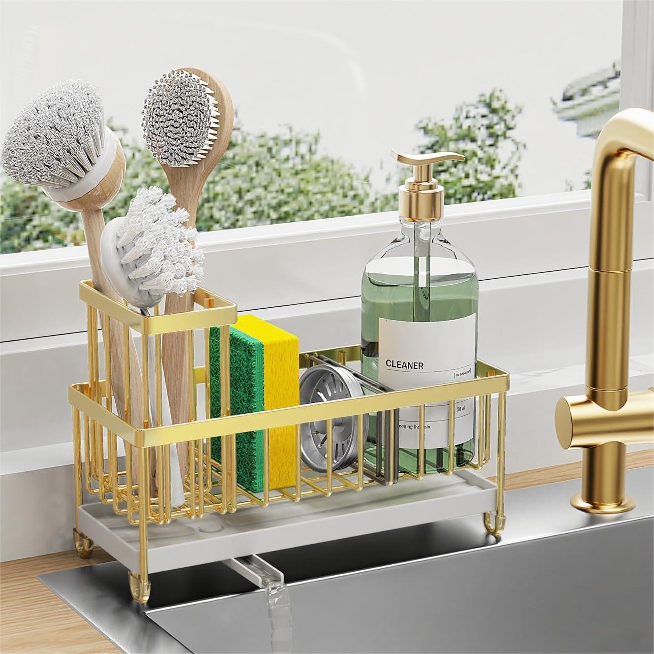 Moonval Kitchen Sink Caddy, 304 Stainless Steel Sponge Holder with Removable Brush Rack