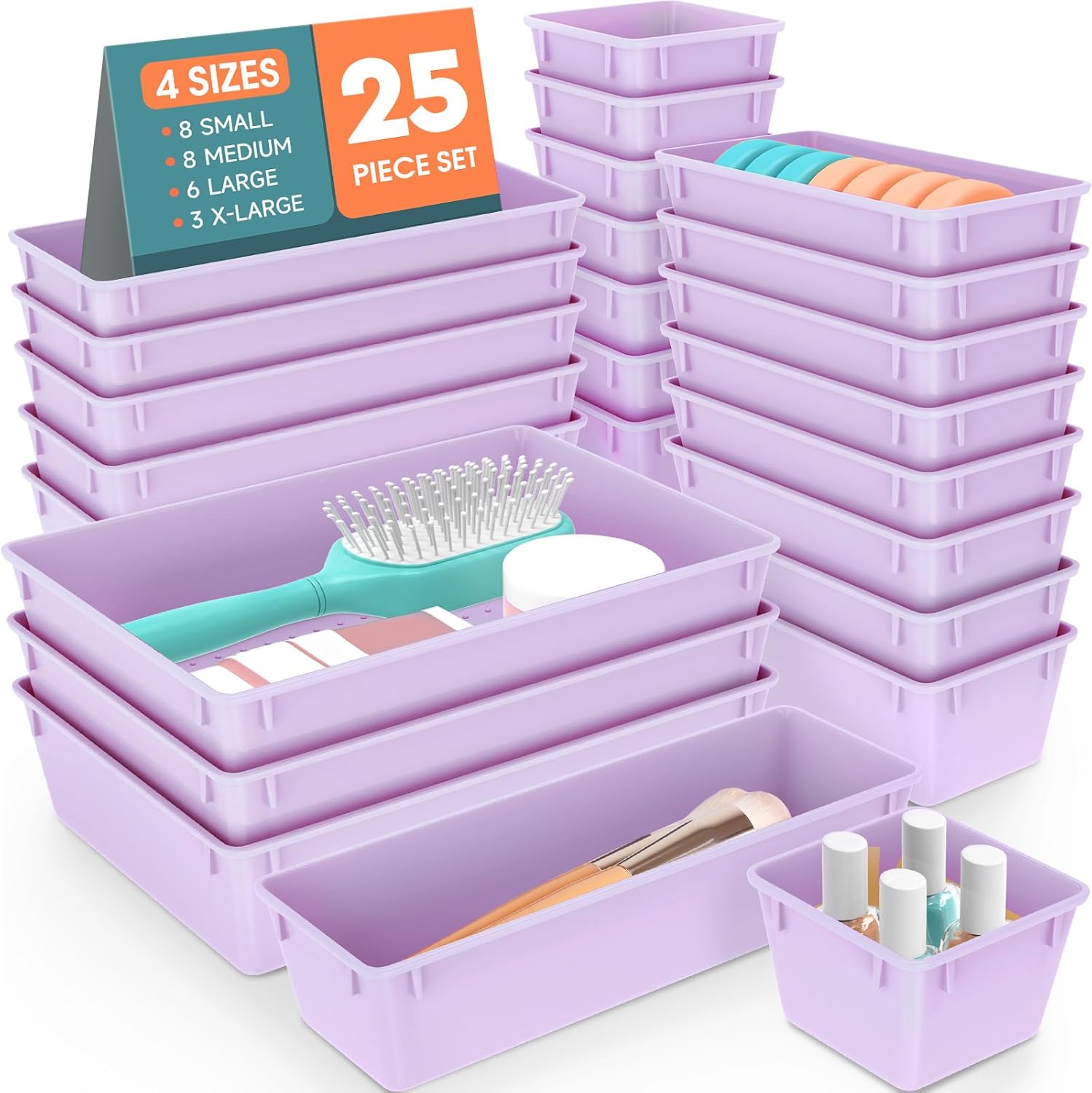 Moonval Clear Drawer Organizer Set, 25-Piece Plastic Storage Trays for Kitchen, Bathroom & Office