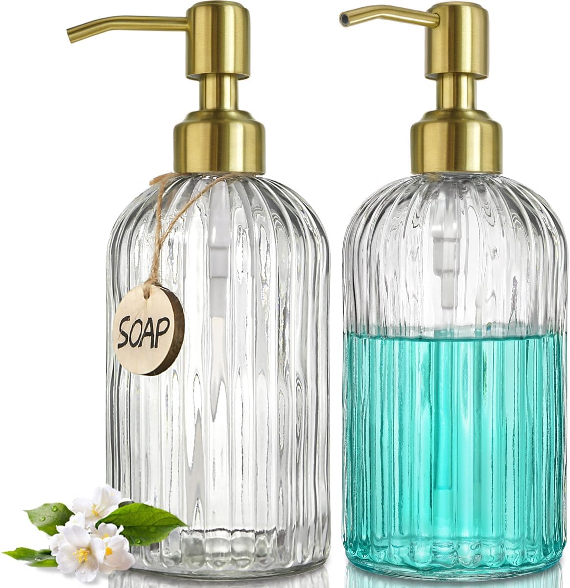 Moonval Glass Soap Dispenser, 18 oz Refillable Bottle with Rustproof Stainless Steel Pump