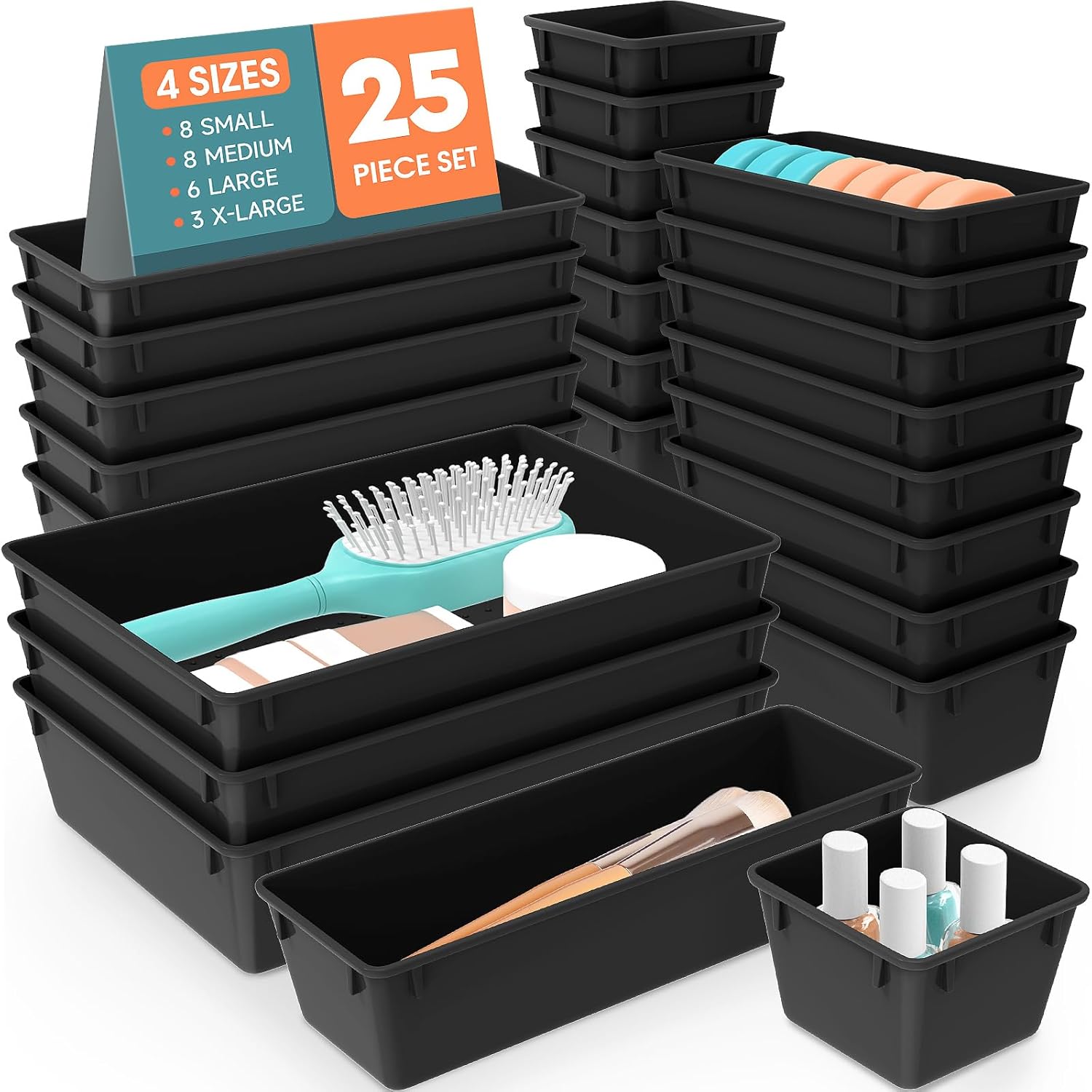 Moonval Clear Drawer Organizer Set, 25-Piece Plastic Storage Trays for Kitchen, Bathroom & Office