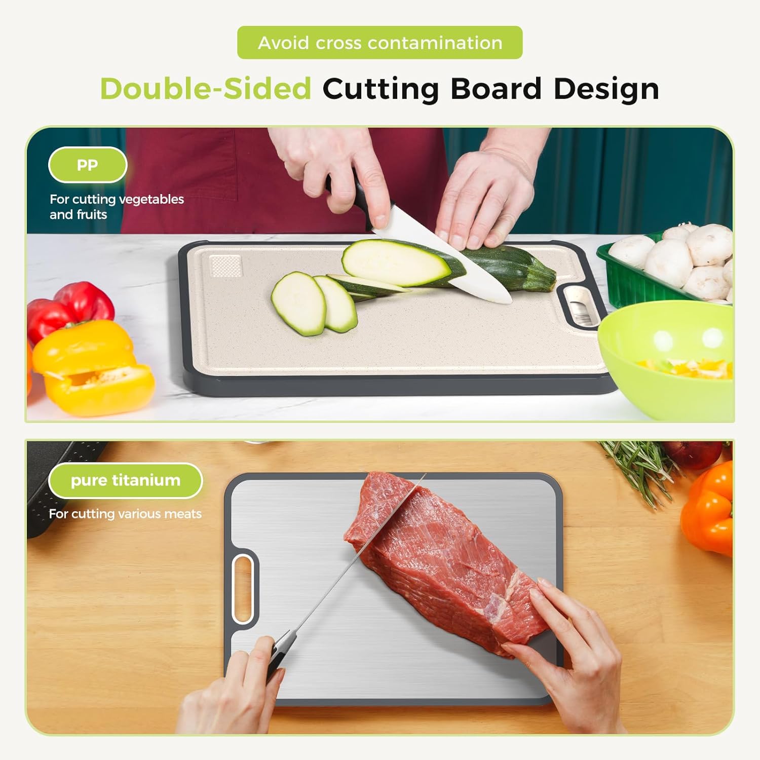 Moonval Titanium Cutting Board, Double-Sided Food-Grade Titanium & PP Chopping Board