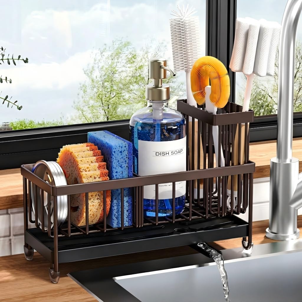 Moonval Kitchen Sink Caddy, 304 Stainless Steel Sponge Holder with Removable Brush Rack