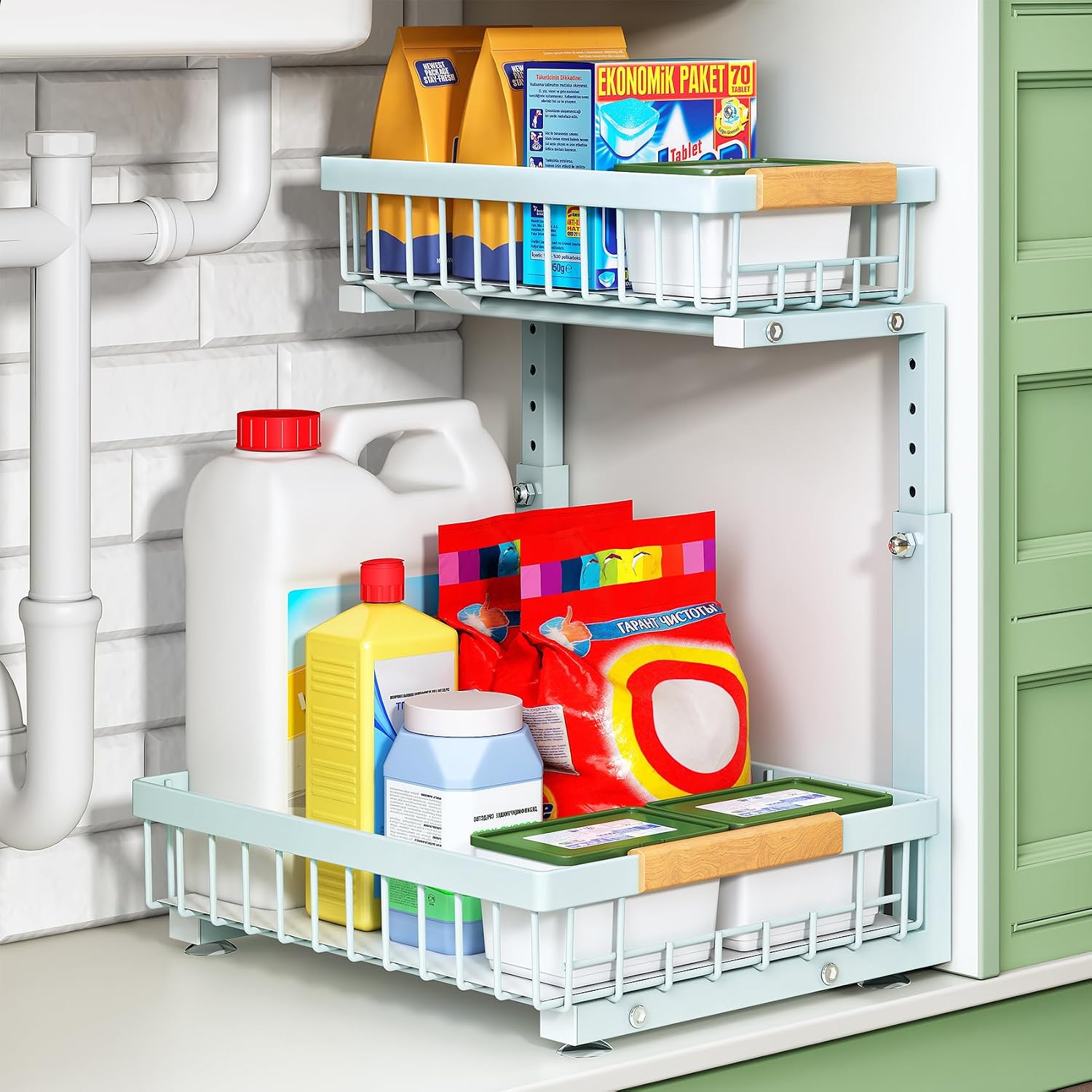 Moonval Under Sink Organizer, 2-Tier Sliding Cabinet Storage Shelf for Kitchen, Bathroom & Pantry