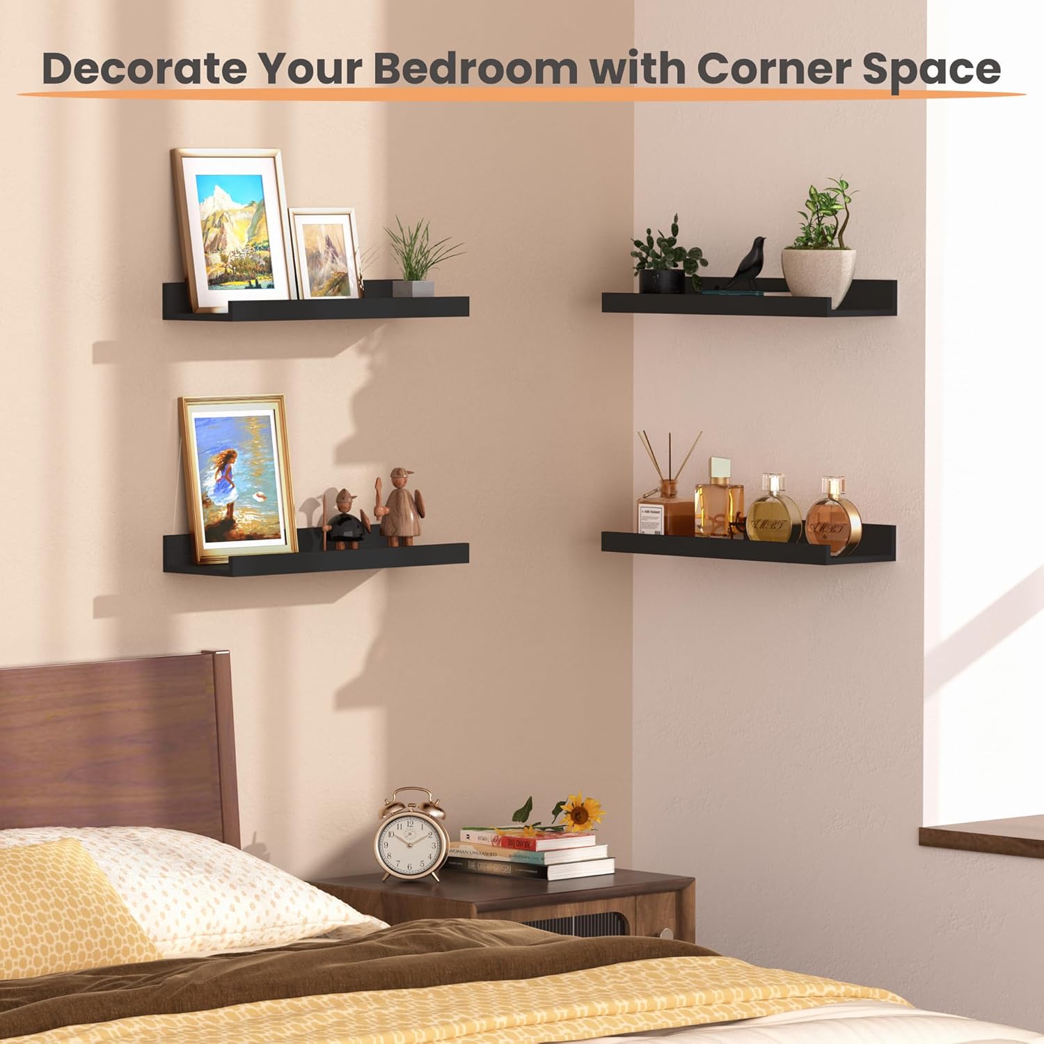 Moonval Floating Wall Shelves, Set of 6 Wood Storage & Display Shelves for Home Decor