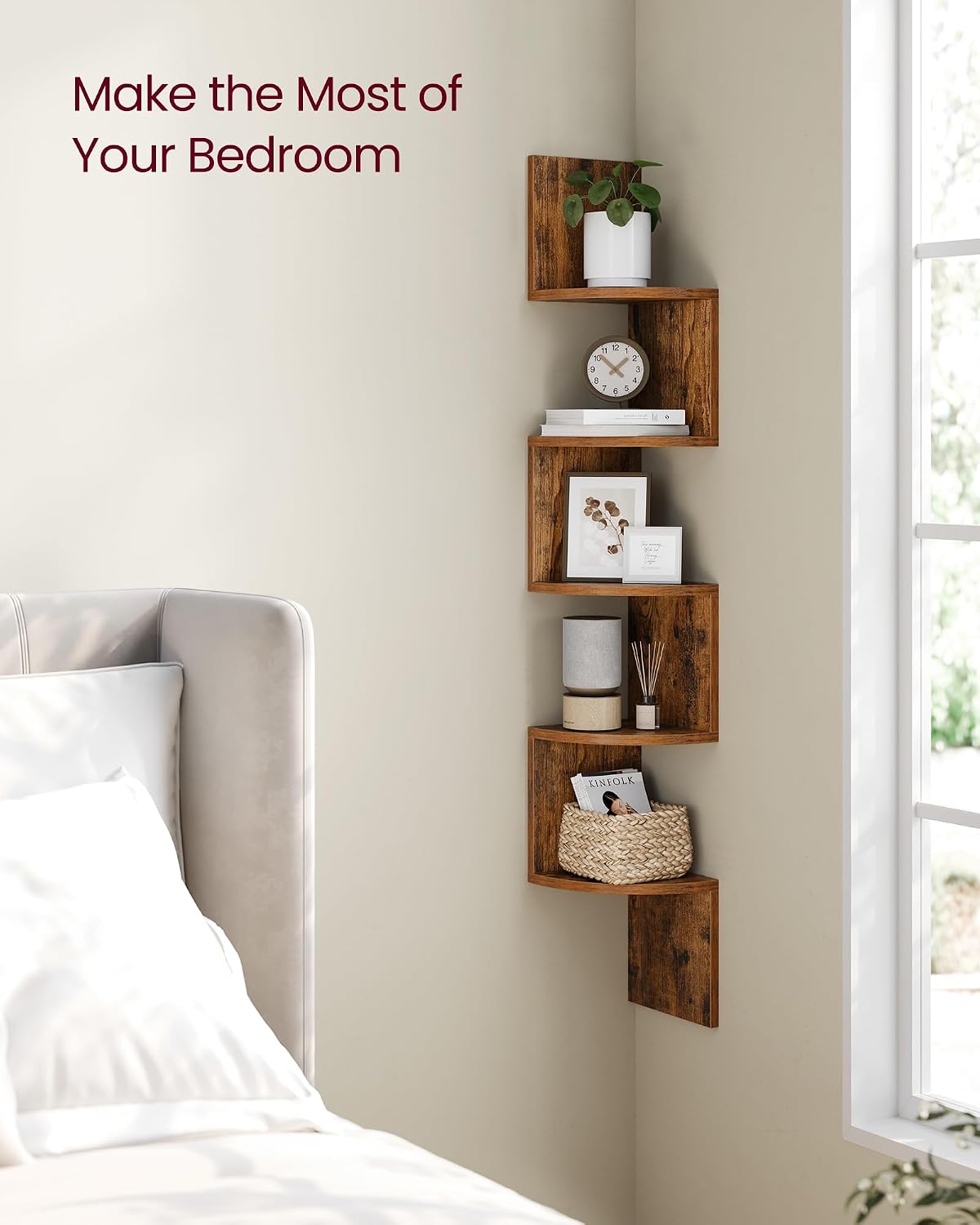 Moonval Corner Wall Shelf, 5-Tier Floating Corner Bookshelf for Home Storage & Display, Rustic Brown