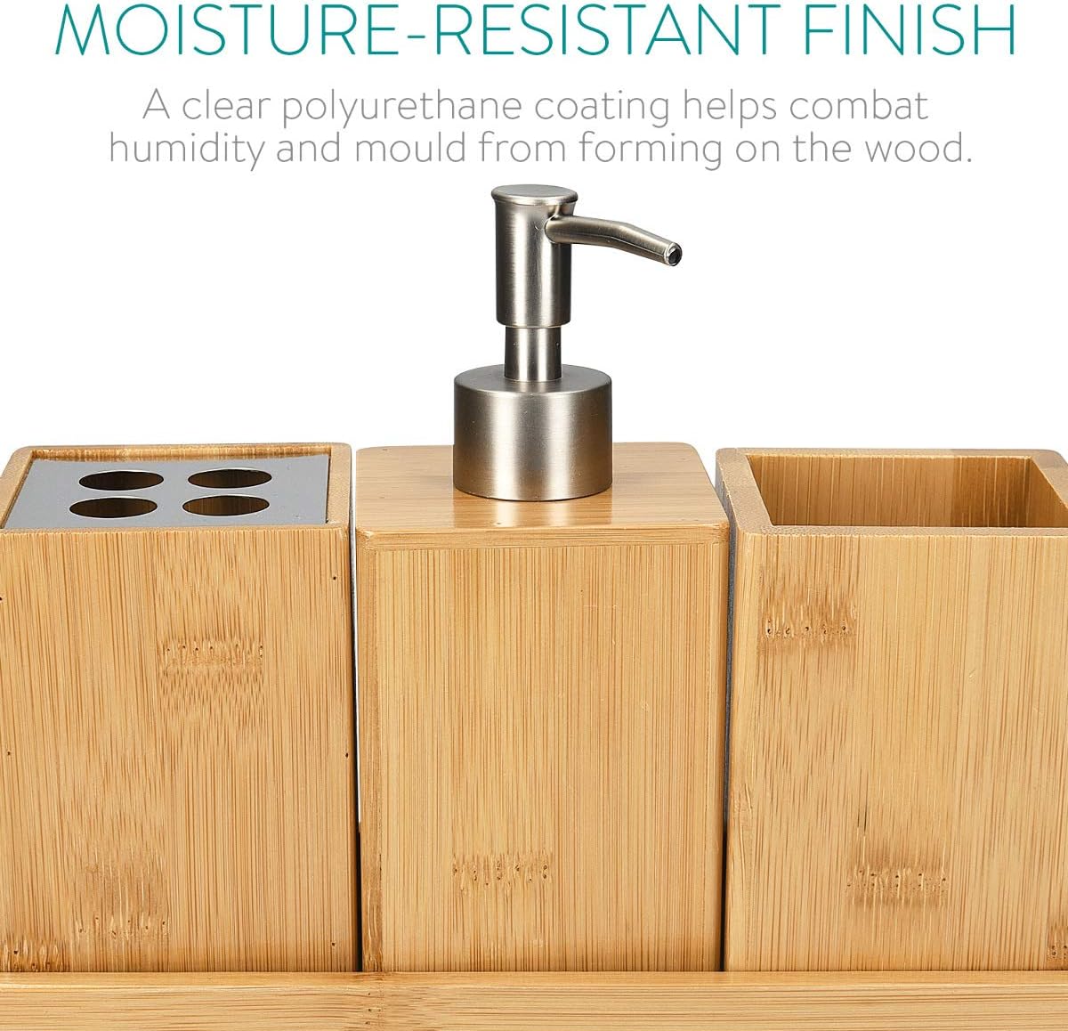 Moonval Bamboo Bathroom Accessories Set, 4-Piece Bathroom Organizer with Soap Dispenser
