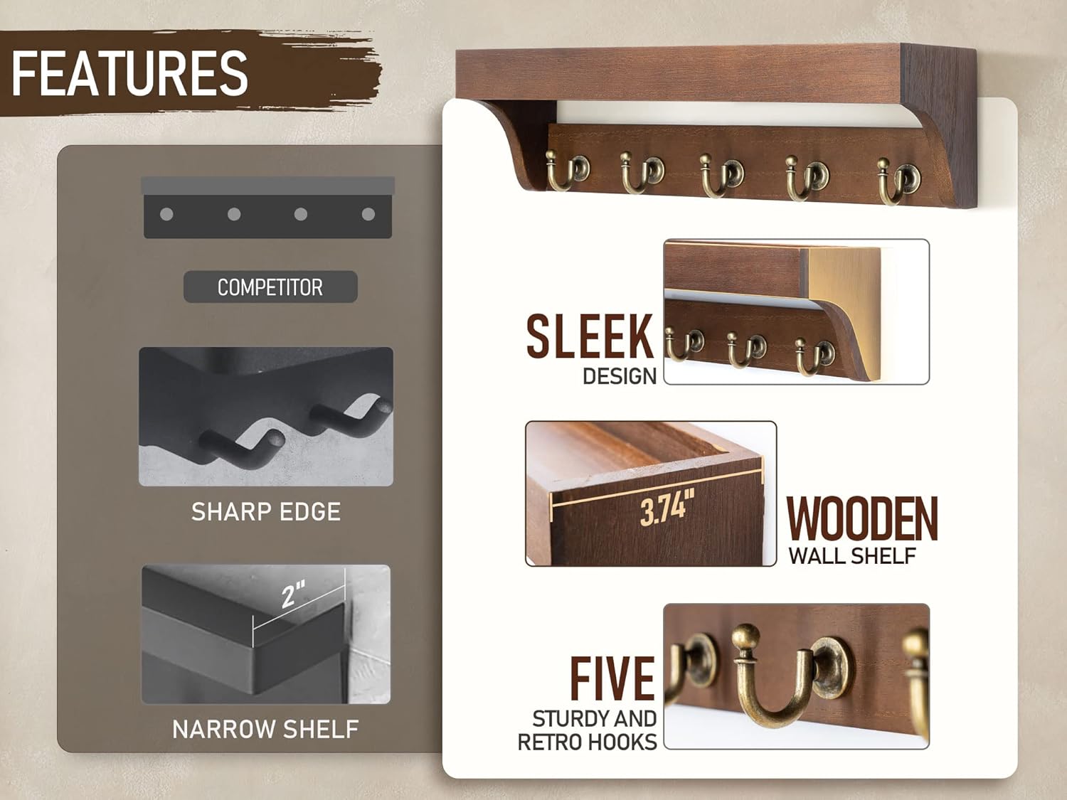 Moonval Wall Key Holder, Wooden Mail Organizer with Floating Shelf & 5 Hooks for Entryway