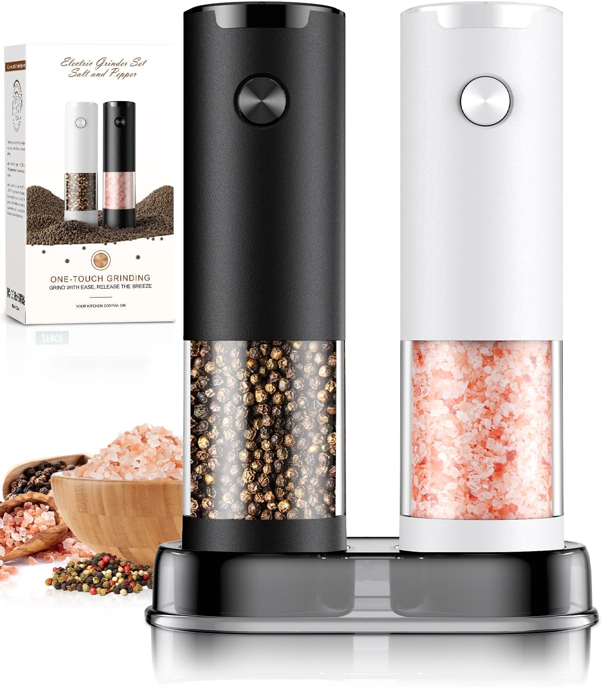 Moonval Electric Salt & Pepper Grinder Set, Automatic Battery-Operated Mills with Adjustable Coarseness