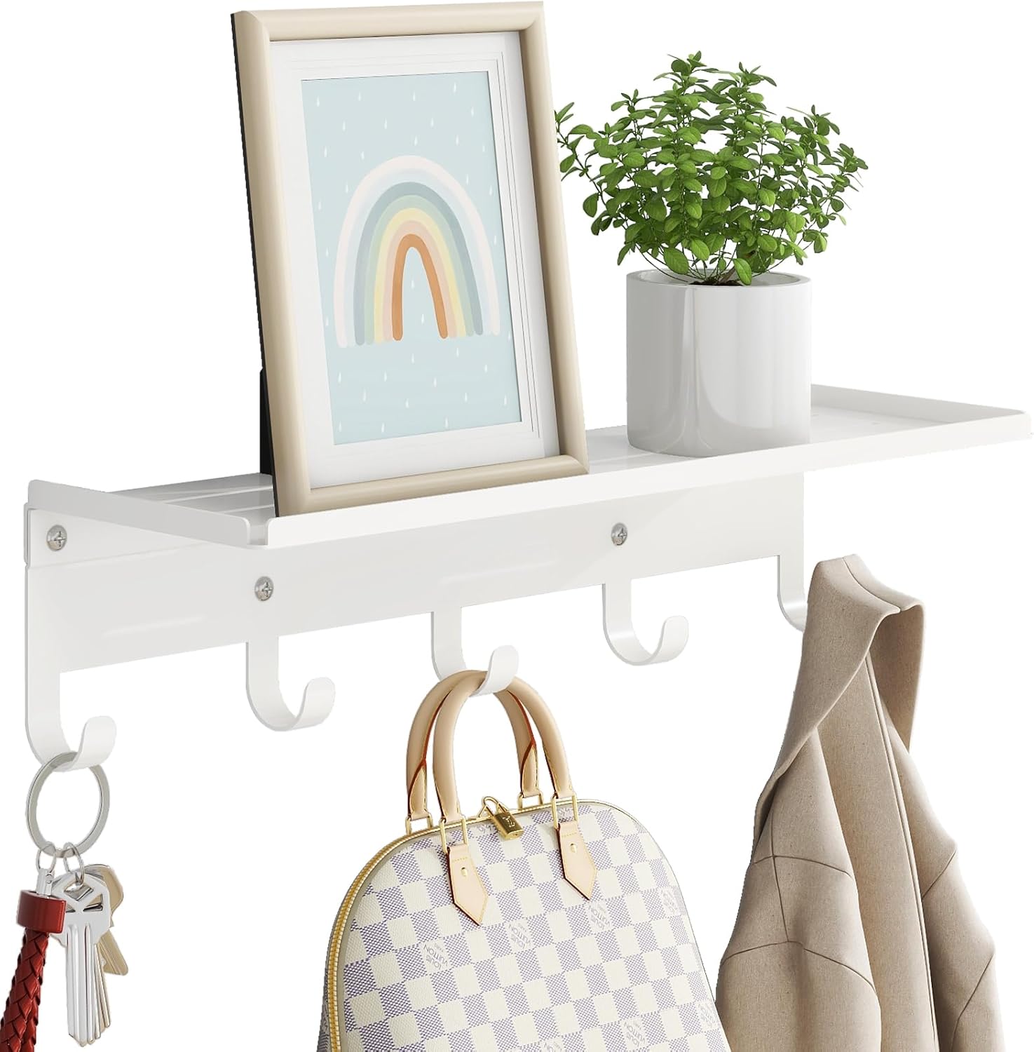 Moonval Wall Shelf with Hooks, 17-Inch Floating Shelf with 5 Metal Hooks for Entryway & Bedroom