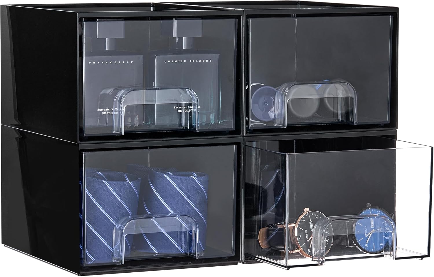 Moonval Clear Storage Drawers, 4-Pack Stackable Acrylic Organizer Bins for Bathroom, Kitchen & Pantry