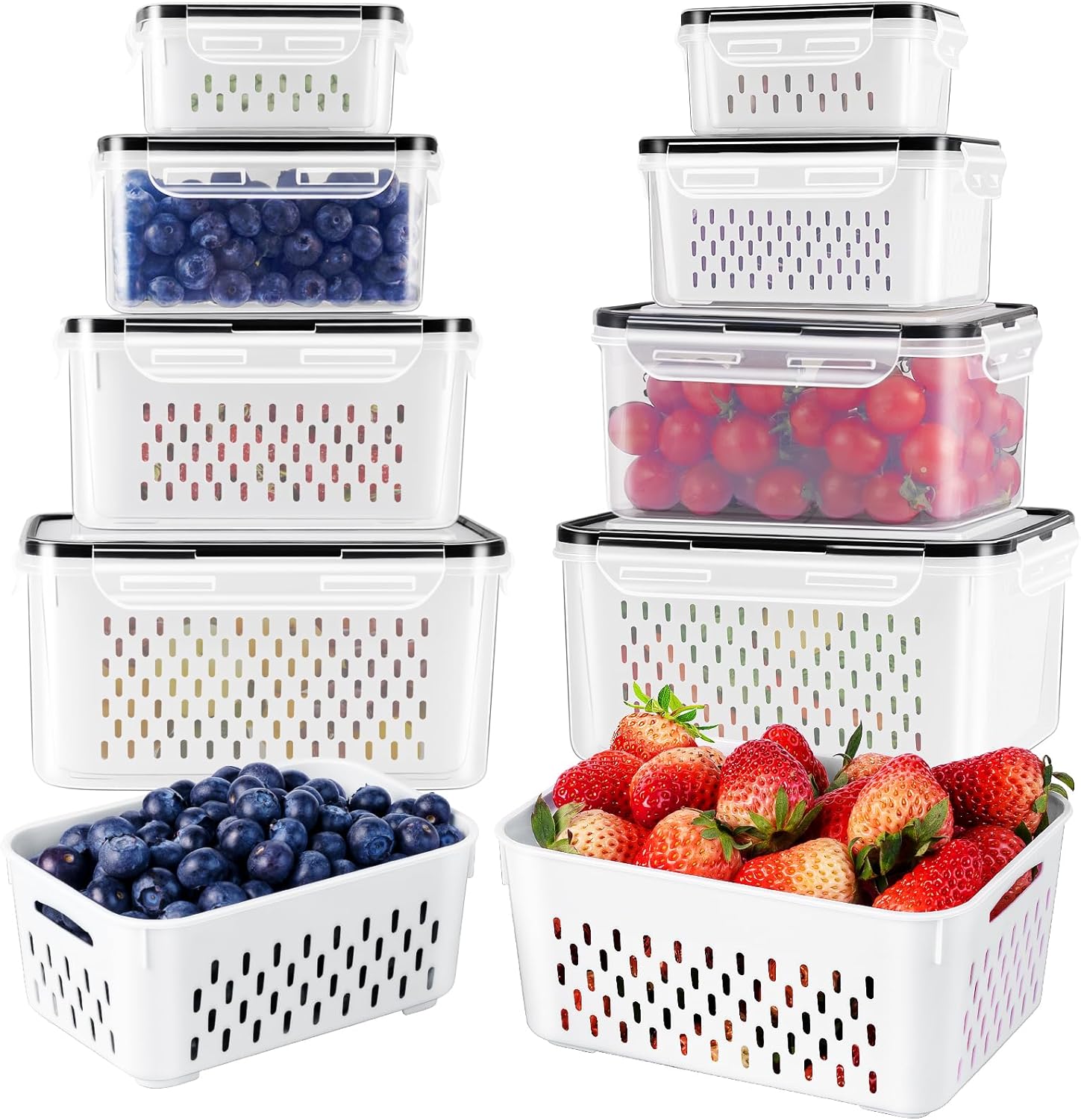 Moonval Produce Storage Containers, Airtight Food Saver Set with Removable Colanders