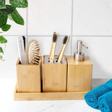 Moonval Bamboo Bathroom Accessories Set, 4-Piece Bathroom Organizer with Soap Dispenser