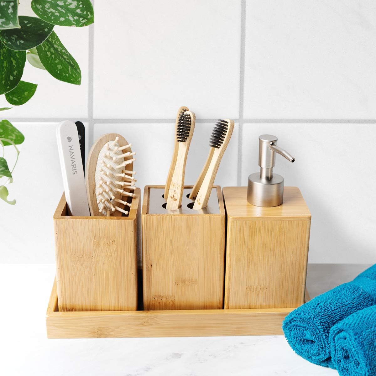 Moonval Bamboo Bathroom Accessories Set, 4-Piece Bathroom Organizer with Soap Dispenser
