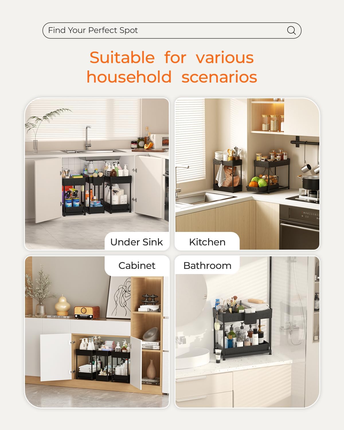Moonval Under Sink Organizers, 3-Pack 2-Tier Sliding Storage Drawers for Kitchen & Bathroom Cabinets