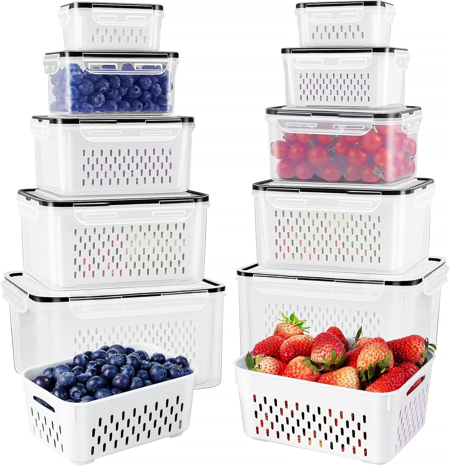 Moonval Produce Storage Containers, Airtight Food Saver Set with Removable Colanders