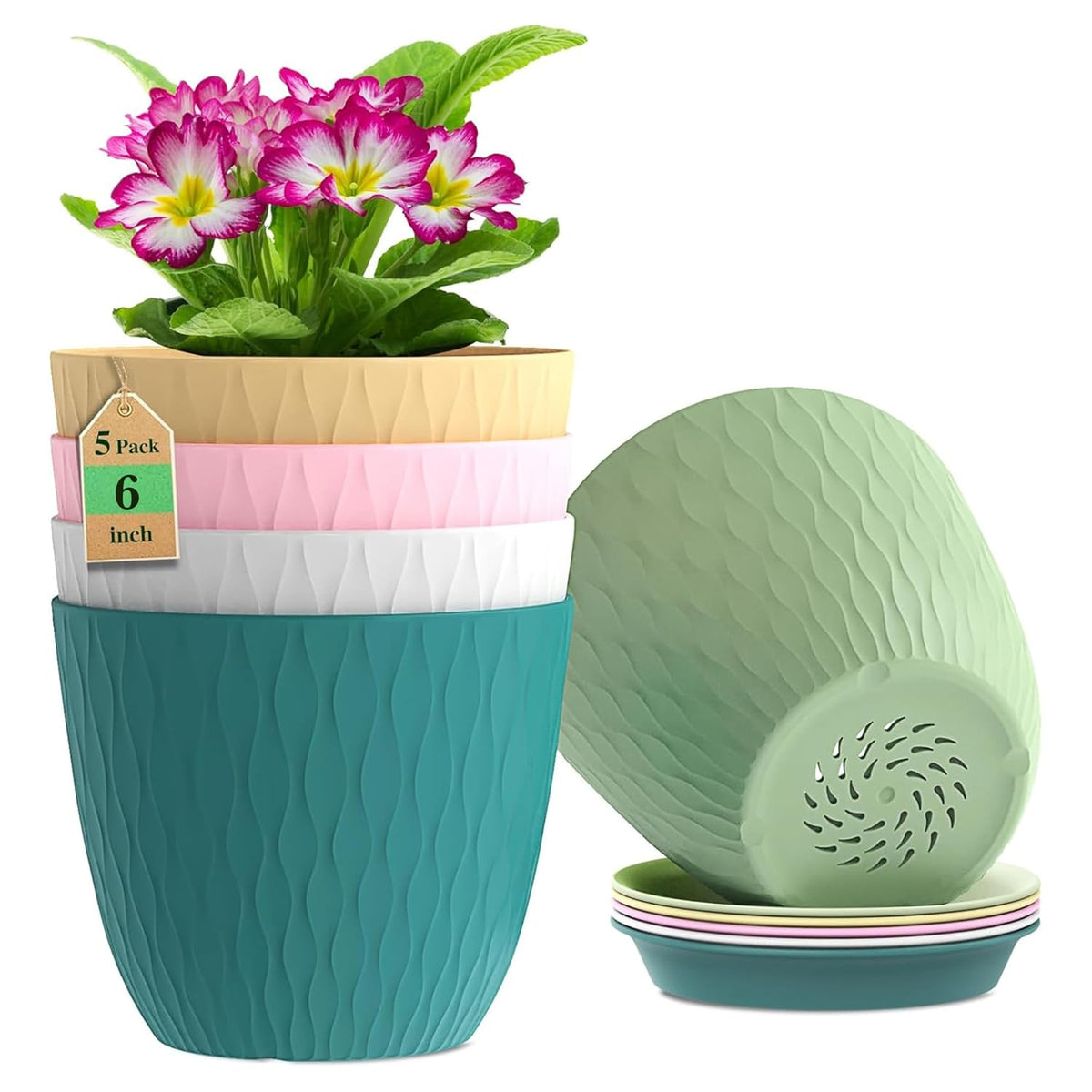 Moonval Plastic Flower Pots, 5-Pack 6-Inch Unbreakable Planters with Drainage & Saucers