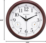 Kiera Grace Metz 9" Outdoor Wall Clock with Tempreture and Humid Gauges, Wood Grain Retro Walnut Red, Arabic Numerals Clock, Easy-to-Read, Battery Operated, Perfect for Home or Office Décor