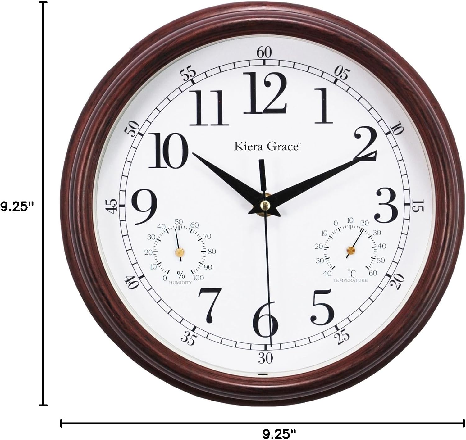 Kiera Grace Metz 9" Outdoor Wall Clock with Tempreture and Humid Gauges, Wood Grain Retro Walnut Red, Arabic Numerals Clock, Easy-to-Read, Battery Operated, Perfect for Home or Office Décor