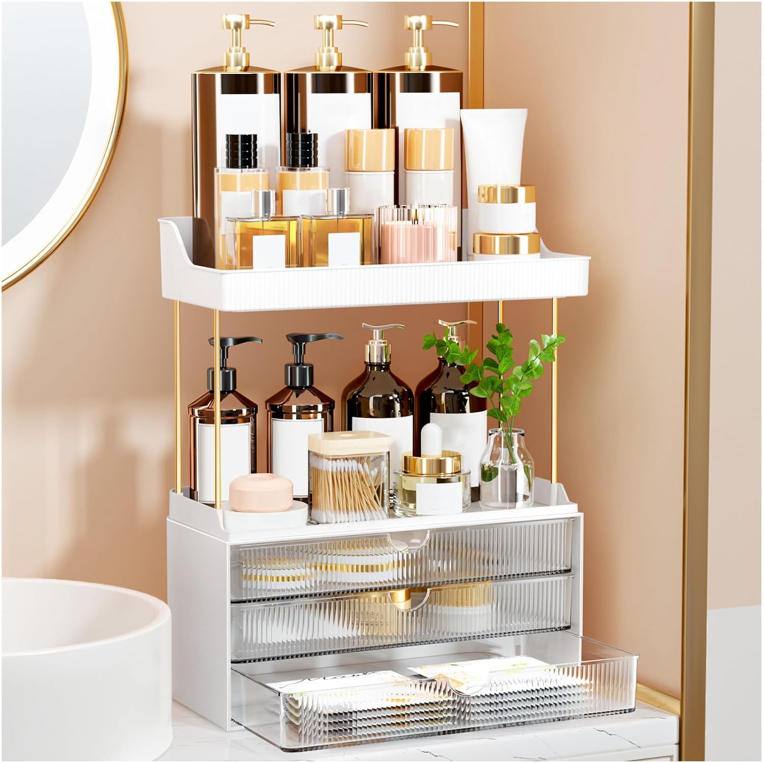 Moonval Makeup Organizer, 5-Tier Vanity Storage with 3 Large Drawers for Cosmetics & Skincare