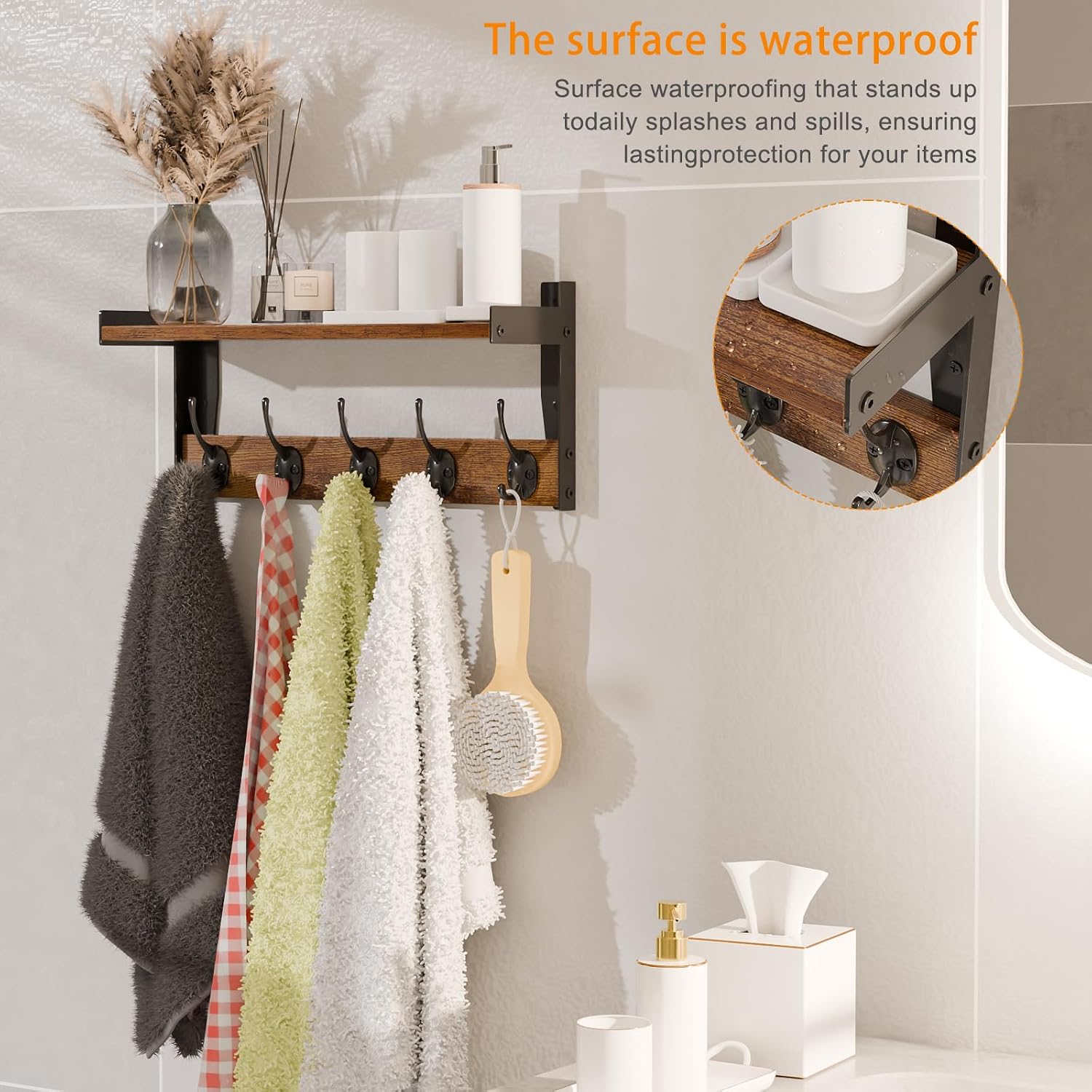 Moonval Wall Mounted Coat Rack, Wooden Shelf with 5 Metal Hooks for Entryway, Bathroom & Bedroom