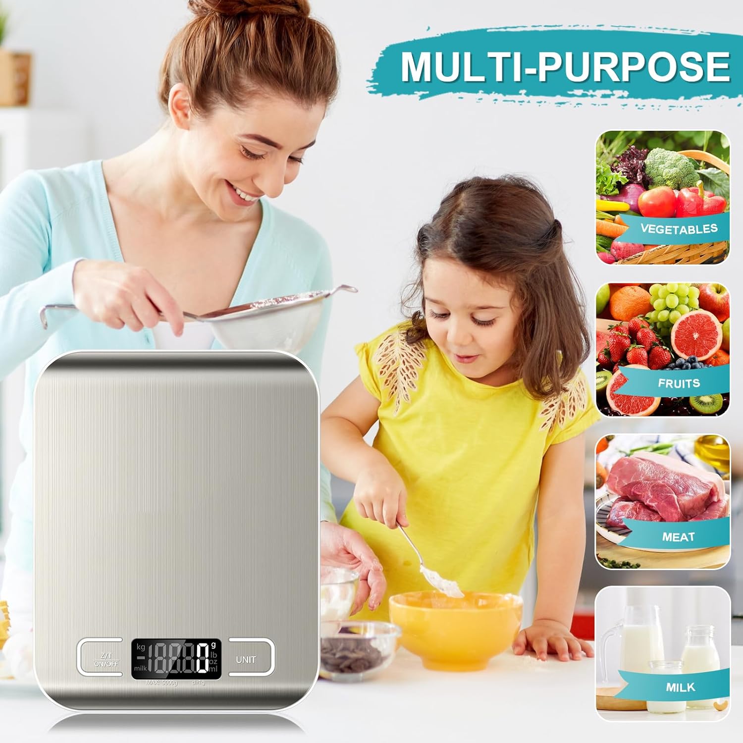 Moonval Digital Kitchen Food Scale, Stainless Steel 11 lb Scale with LCD Display, Tare Function & 6 Units
