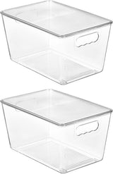 Moonval Clear Storage Bin with Lid, Stackable Plastic Organizer with Handle for Pantry, Fridge & Closet