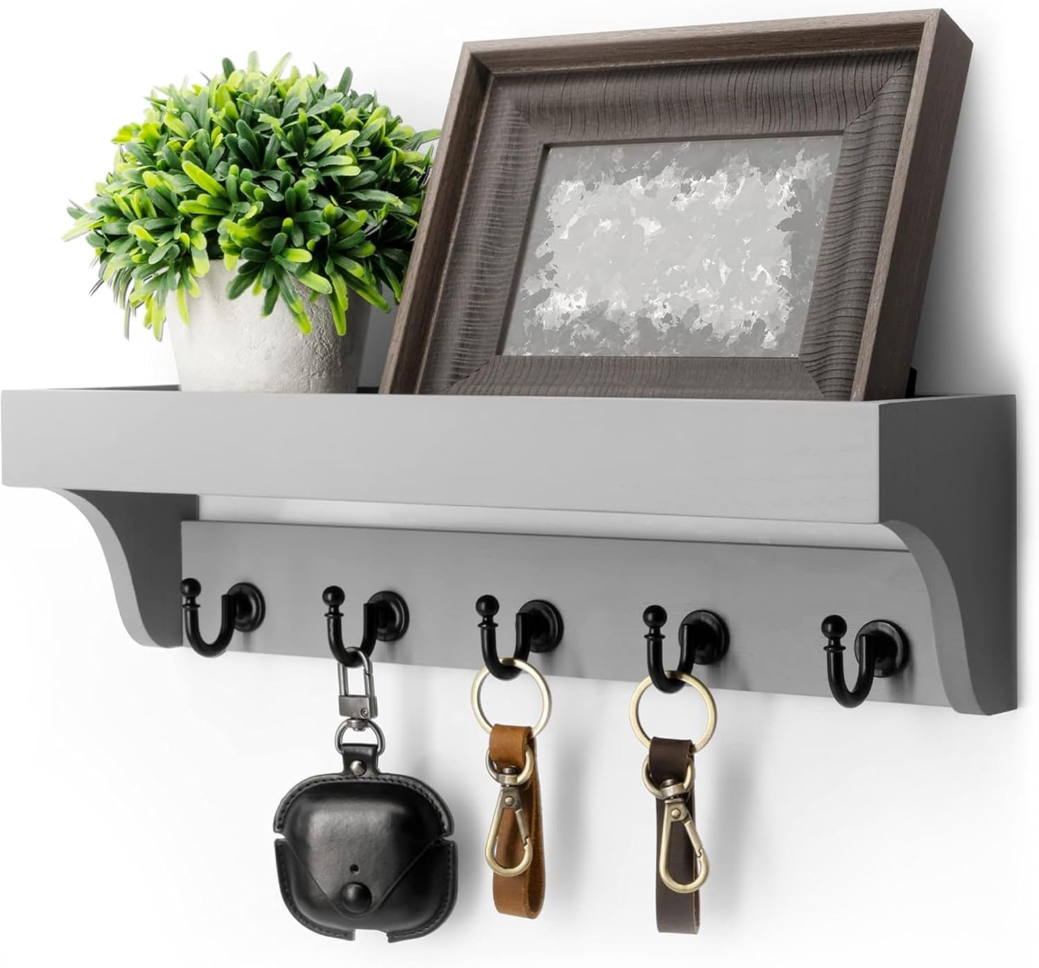 Moonval Wall Key Holder, Wooden Mail Organizer with Floating Shelf & 5 Hooks for Entryway