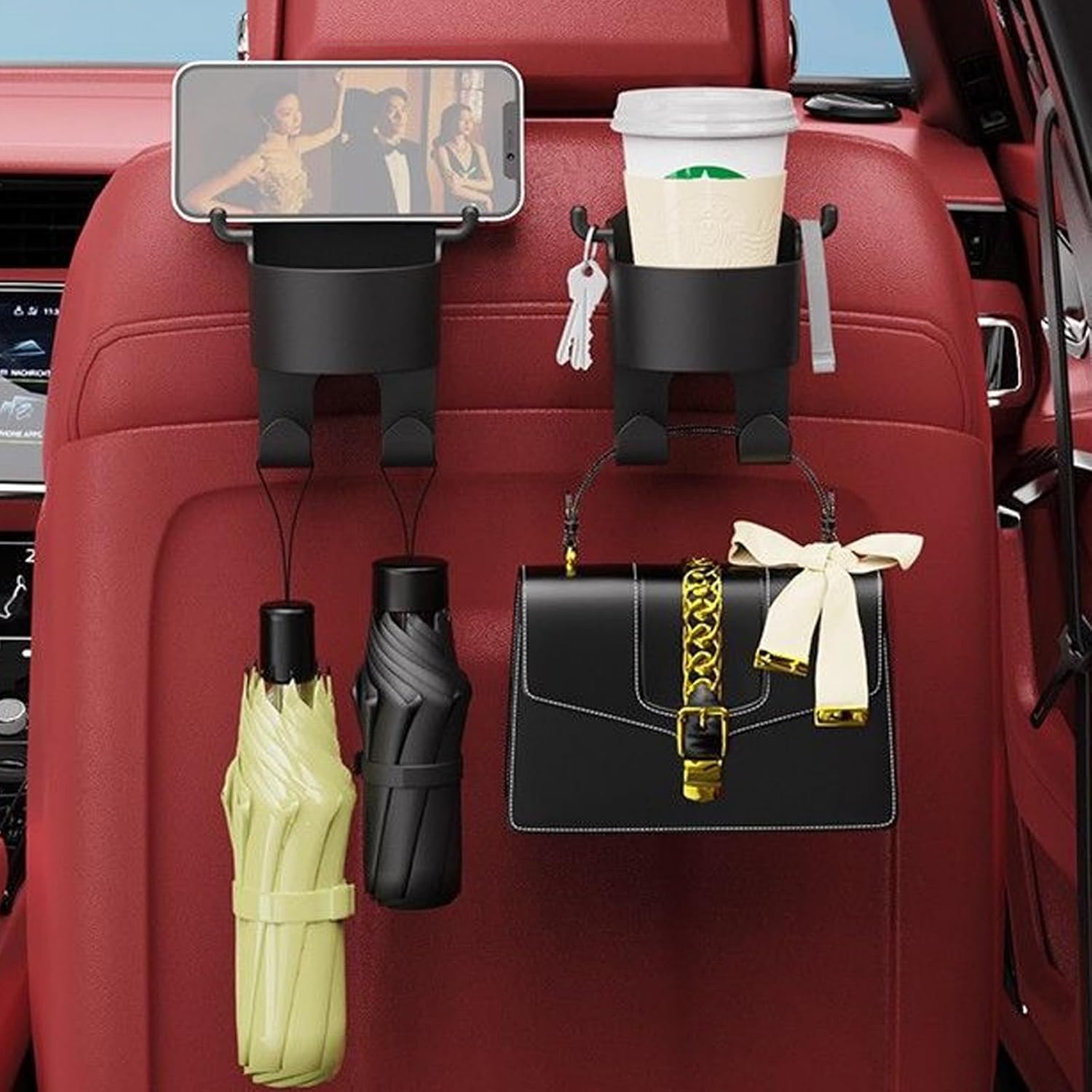Moonval Car Seat Cup Holder & Phone Mount, Headrest Organizer with Bag Hooks