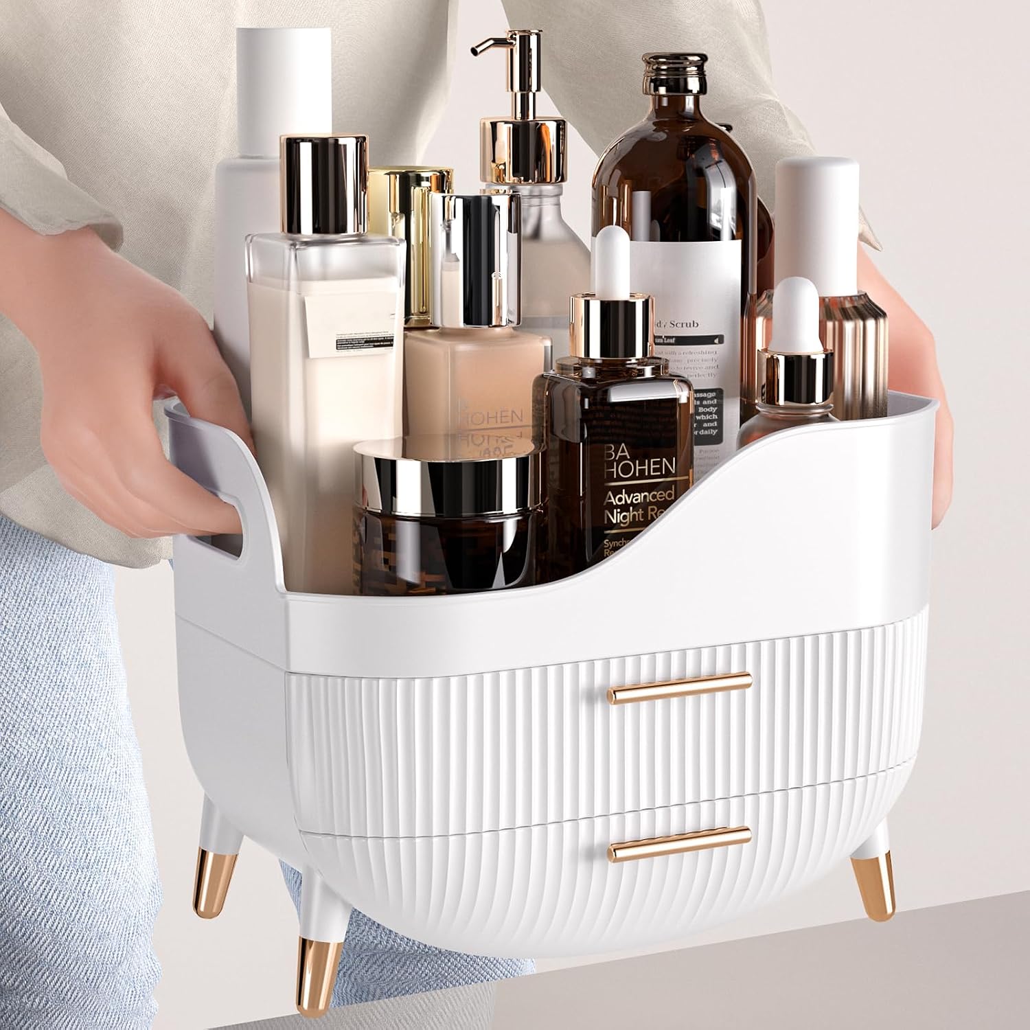Moonval Makeup Organizer, Large Cosmetic Storage Case with Drawers & Handle for Vanity & Bathroom
