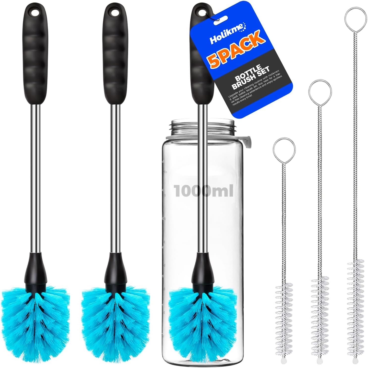 Moonval Bottle Brush Cleaner Set, 5-Piece Cleaning Brushes with Stainless Steel Handle for Bottles & Straws
