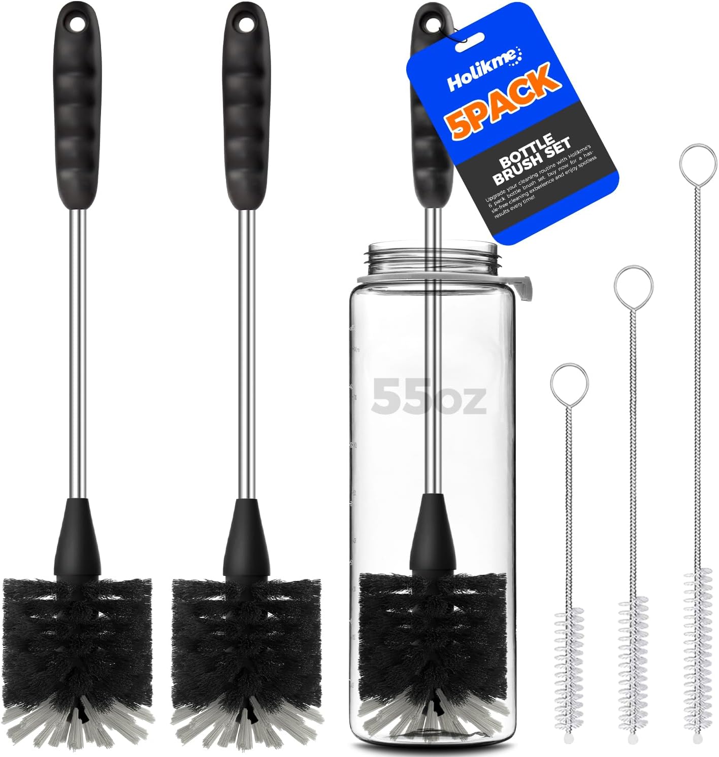 Moonval Bottle Brush Cleaner Set, 5-Piece Cleaning Brushes with Stainless Steel Handle for Bottles & Straws