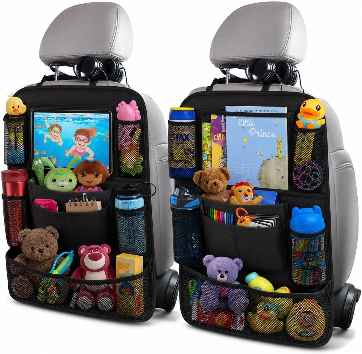 Moonval Backseat Car Organizer, 2-Pack Seat Protectors with Foldable Tray, 9 Pockets & Tablet Holder