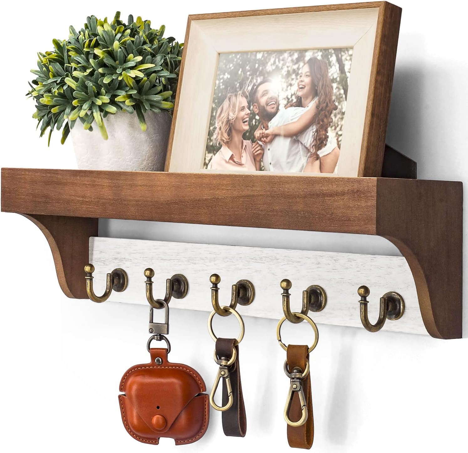 Moonval Wall Key Holder, Wooden Mail Organizer with Floating Shelf & 5 Hooks for Entryway