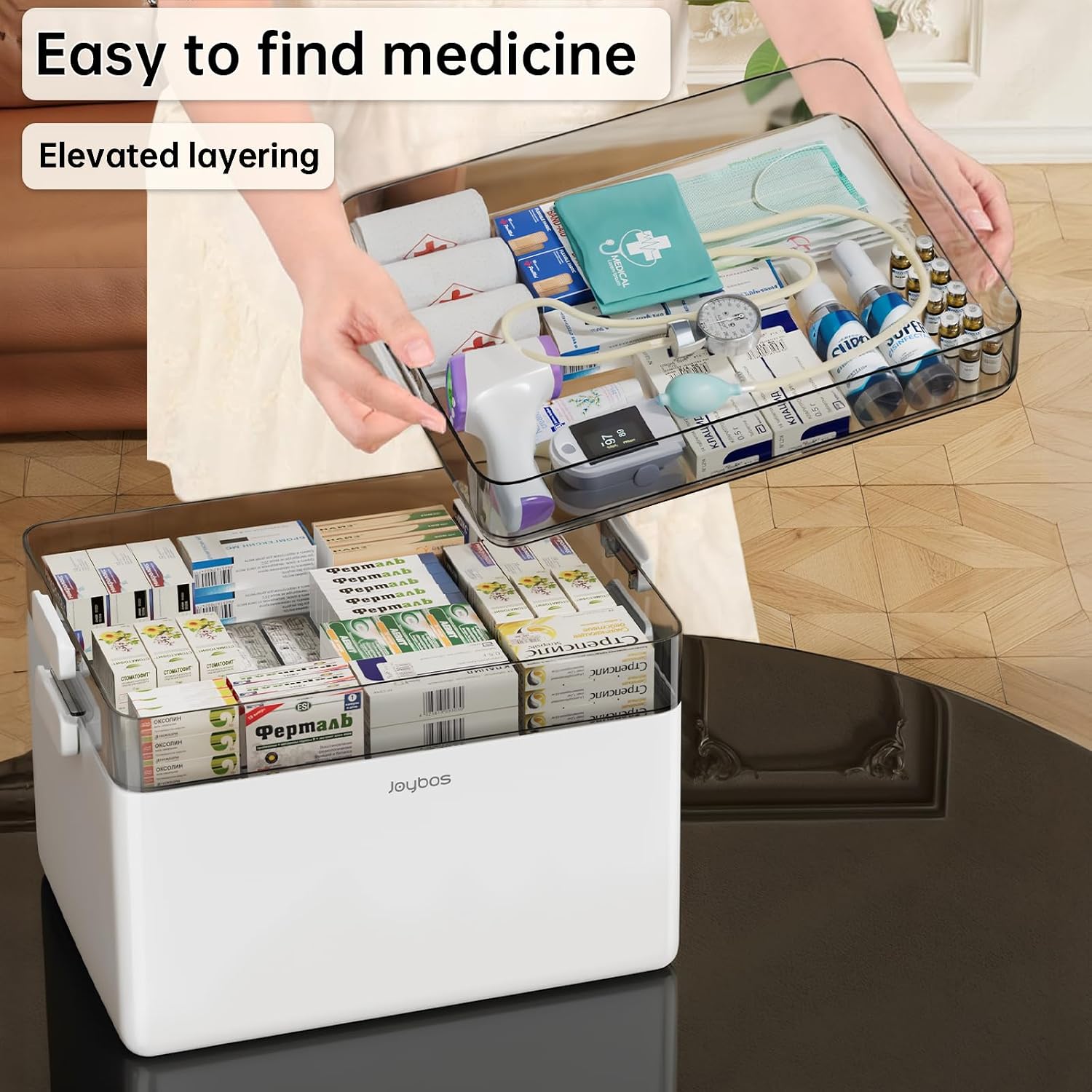Moonval Medicine Organizer, 3-Tier Portable First Aid Storage Box with Leather Handle for Home