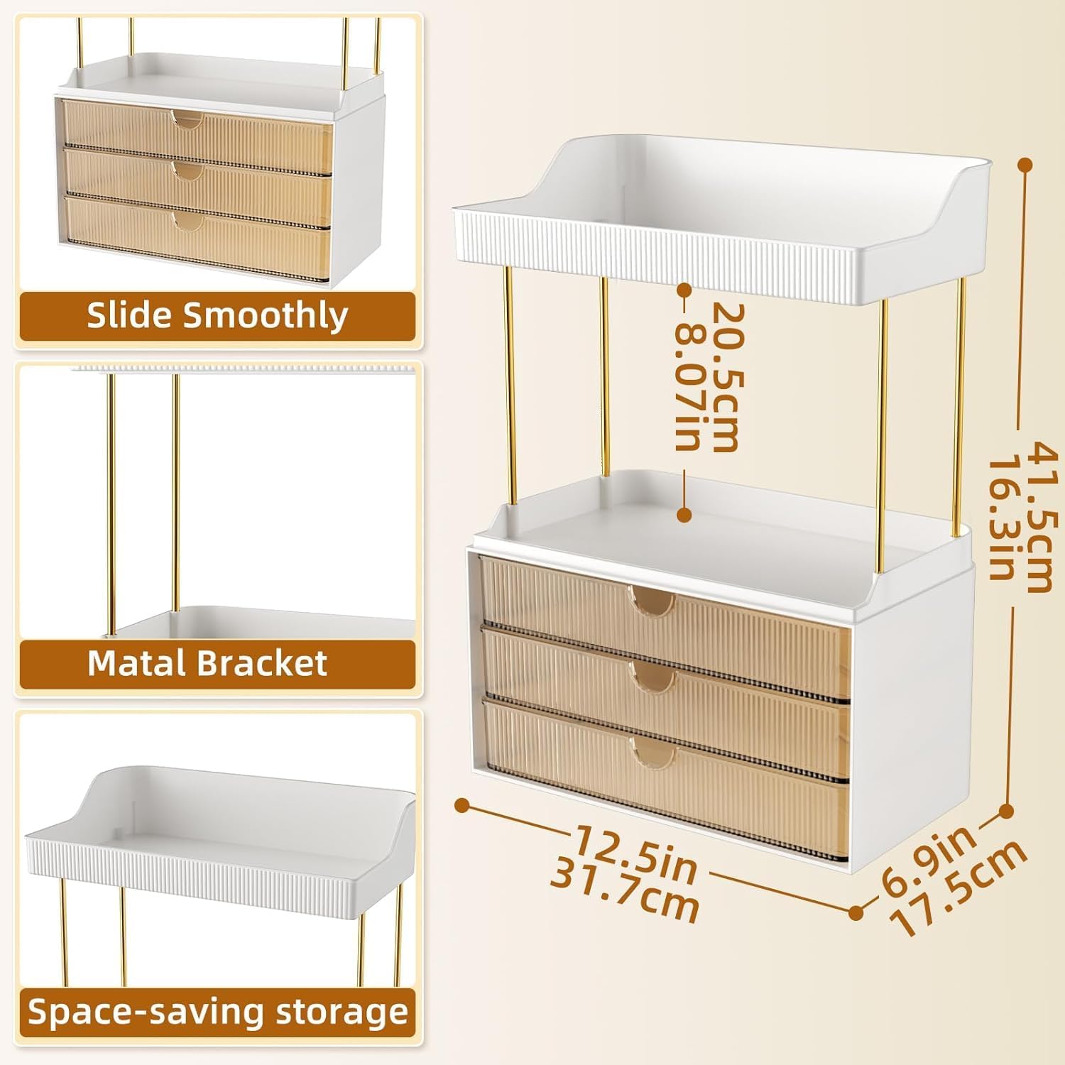 Moonval Makeup Organizer, 5-Tier Vanity Storage with 3 Large Drawers for Cosmetics & Skincare